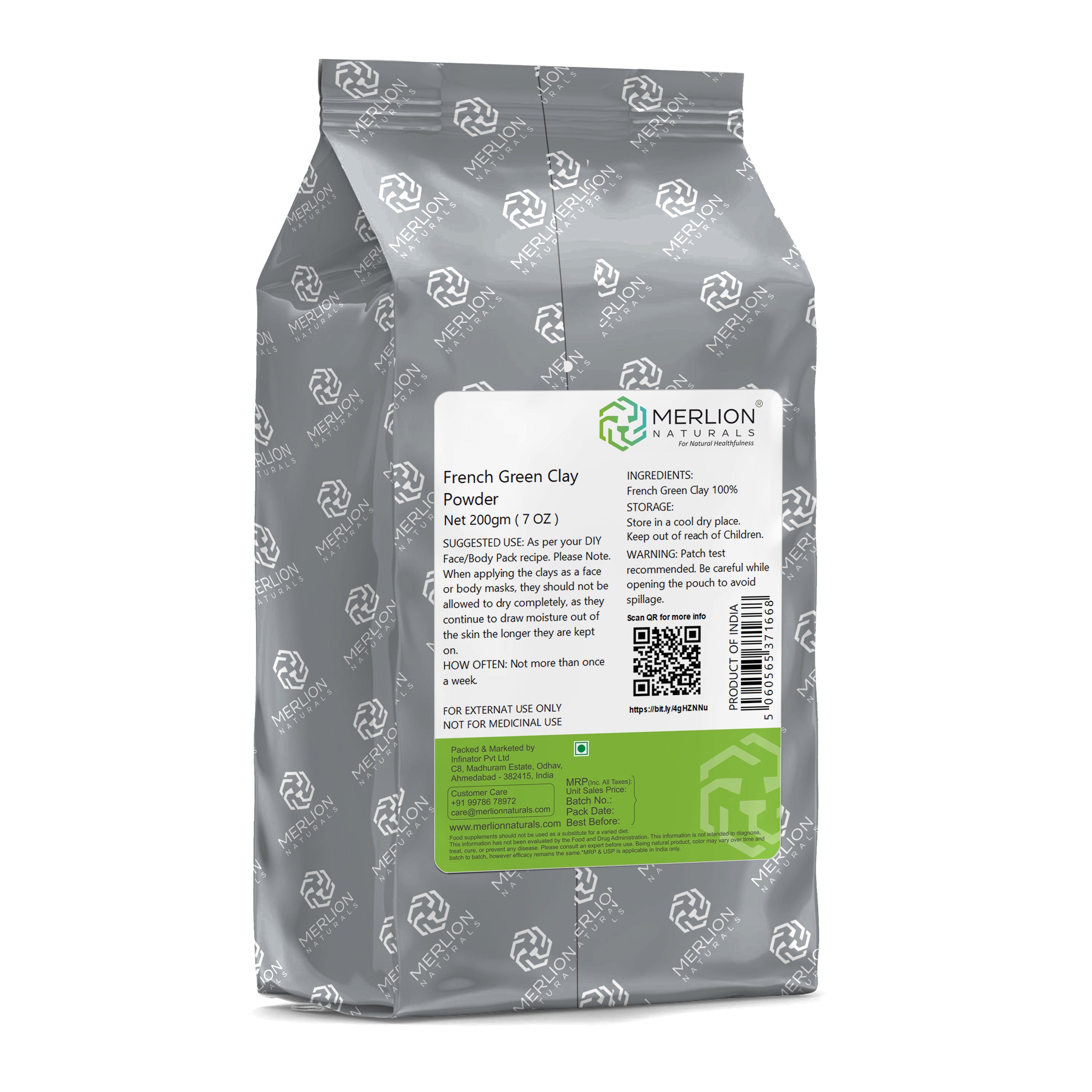Merlion Naturals French Green Clay Powder 200gm, Back view, Deep Cleansing, Oil Control, Exfoliation, Soothing, Skin Glow
