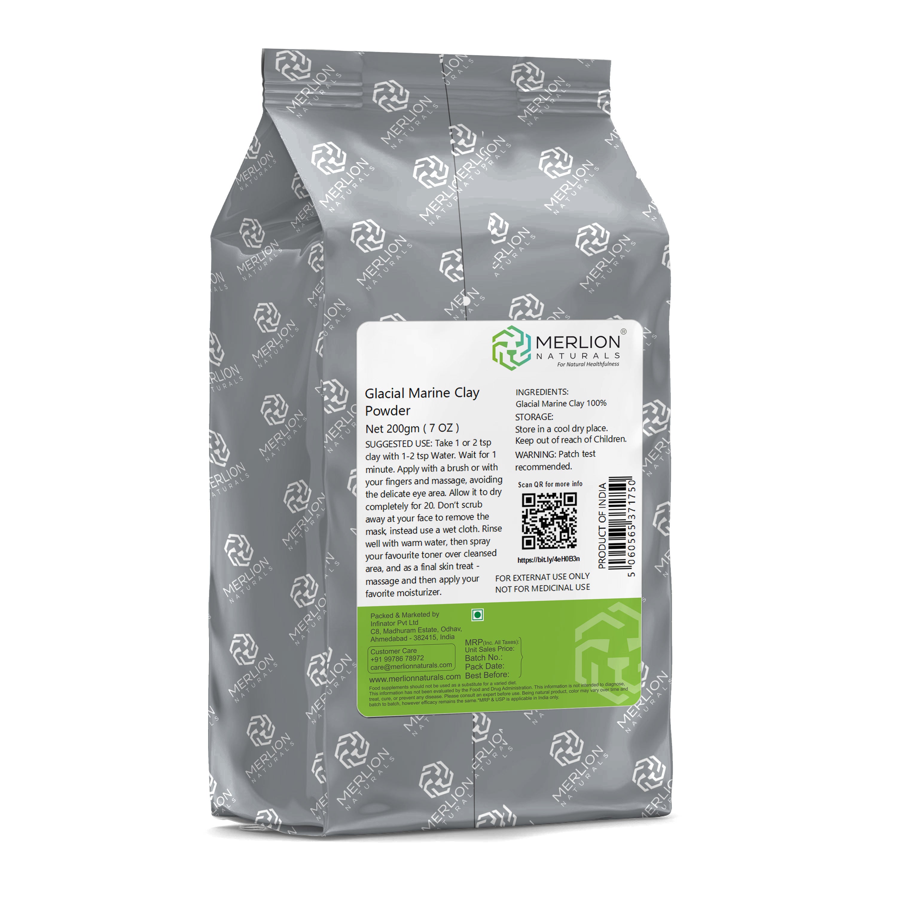 Merlion Naturals Glacial Marine Clay Powder 200gm, Back view, Detox, Nourishing, Skin Firming, Oil Control, Soothing