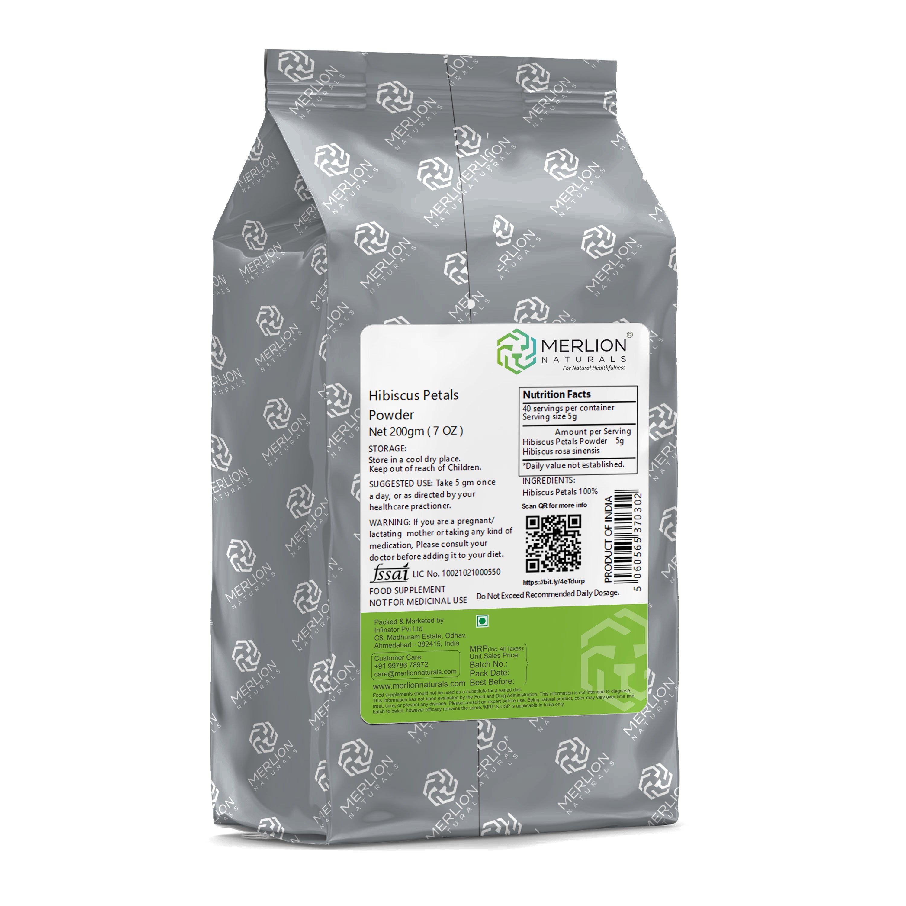 Merlion Naturals Hibiscus Petals Powder 200gm, Back view, Hair Growth, Natural Darkening, Conditioning, Scalp Health, Antioxidant