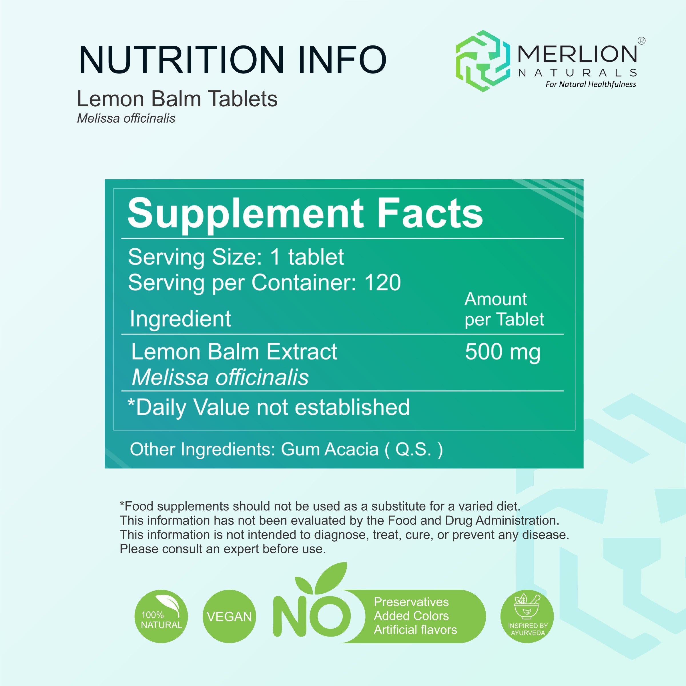 Lemon Balm Tablets | Melissa officinalis | 500mg x 120 Tablets