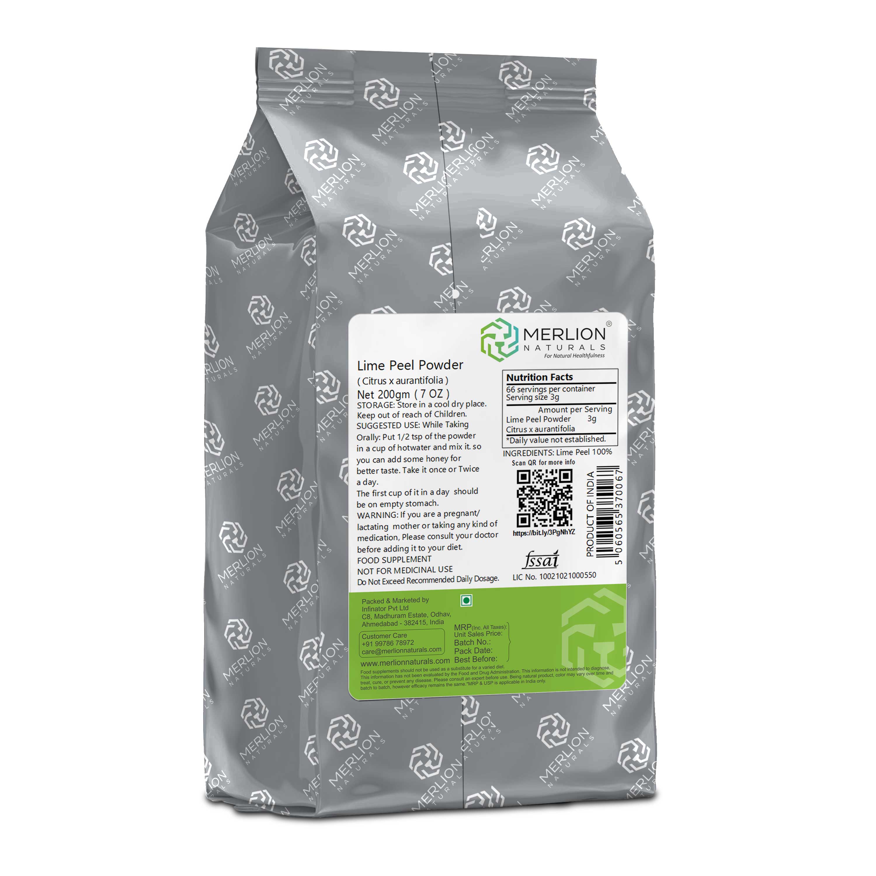 Merlion Naturals Lime Peel Powder 200gm, Back view, Exfoliation, Brightening, Antioxidant, Oil Control, Digestion