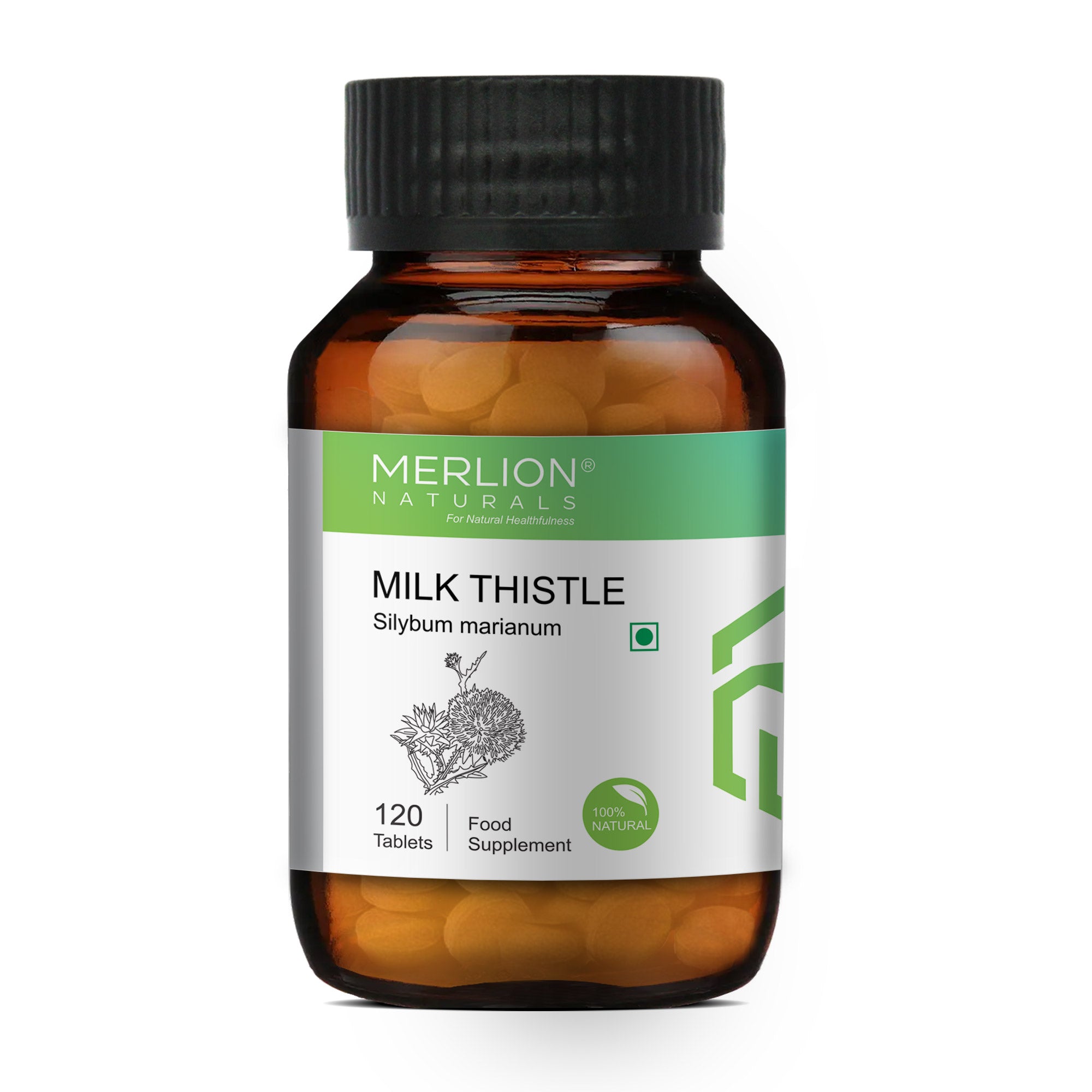 Merlion Naturals Milk Thistle Tablets 500mg (120 Tablets), Front View view, Liver Detox, Antioxidant, Digestion, Skin Health