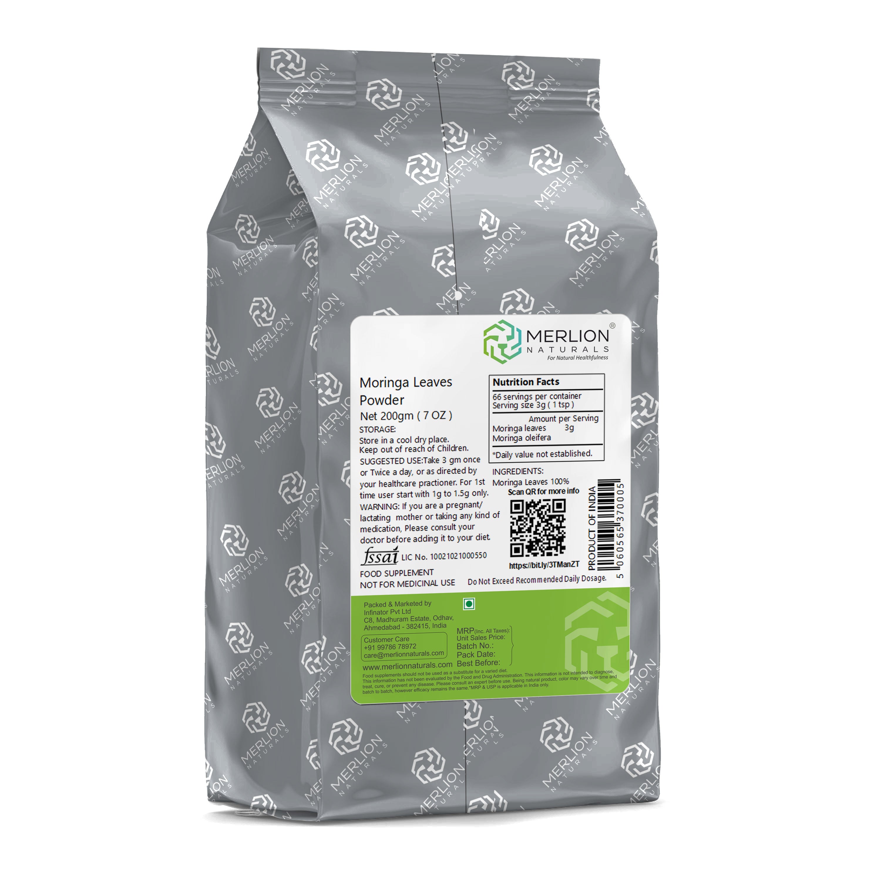 Merlion Naturals Moringa Leaves Powder 200gm, Back view, Immunity, Skin Health, Detox, Digestion, Energy Boost, Food Supplement use