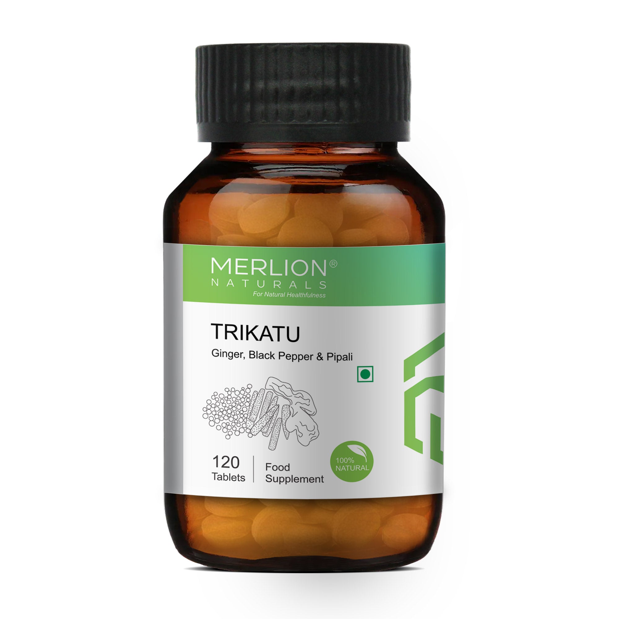 Merlion Naturals Trikatu Tablets 500mg (120 Tablets), Front View view, Digestion, Metabolism, Respiratory Health
