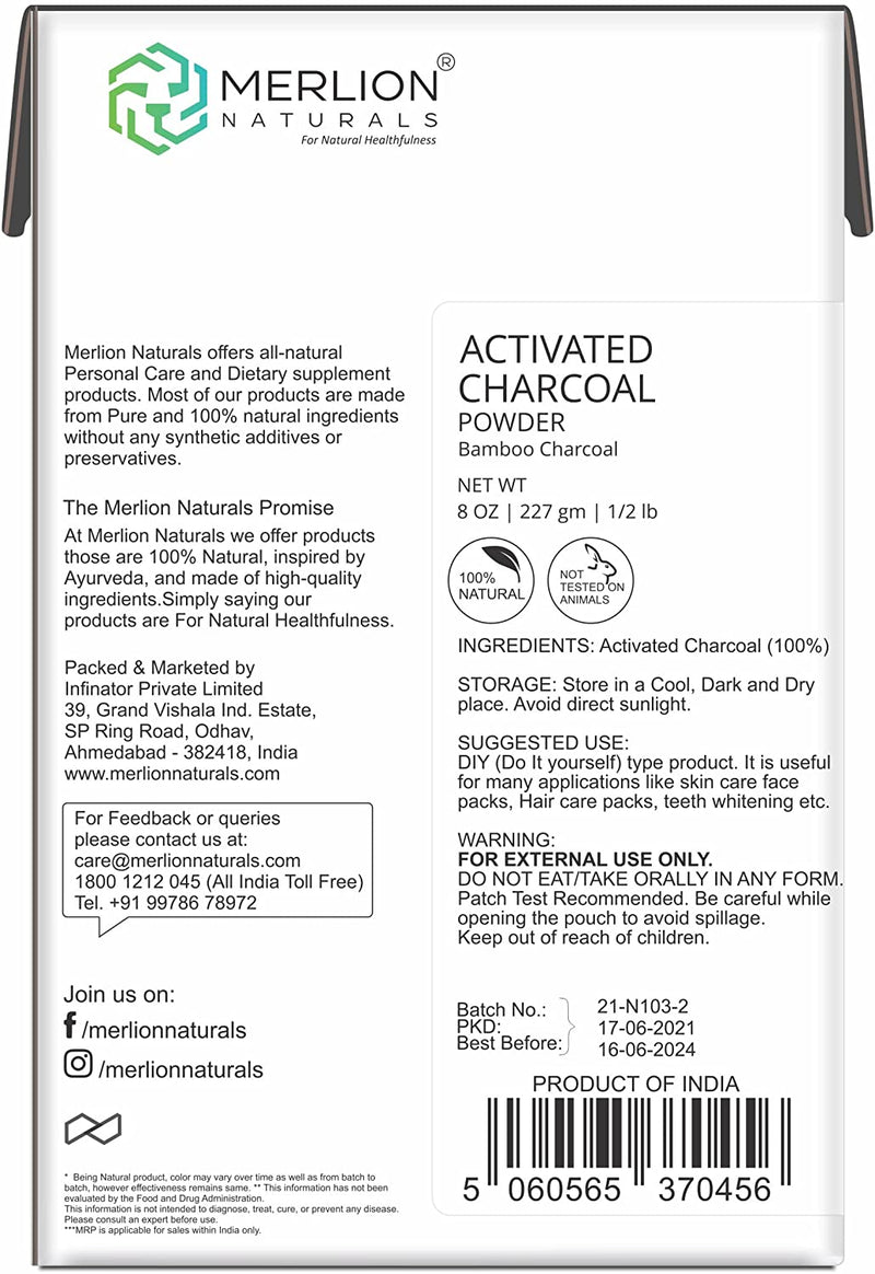 Activated Charcoal Powder by Merlion Naturals | Bamboo Charcoal | 227gm/ 8OZ | 100% Pure and Natural