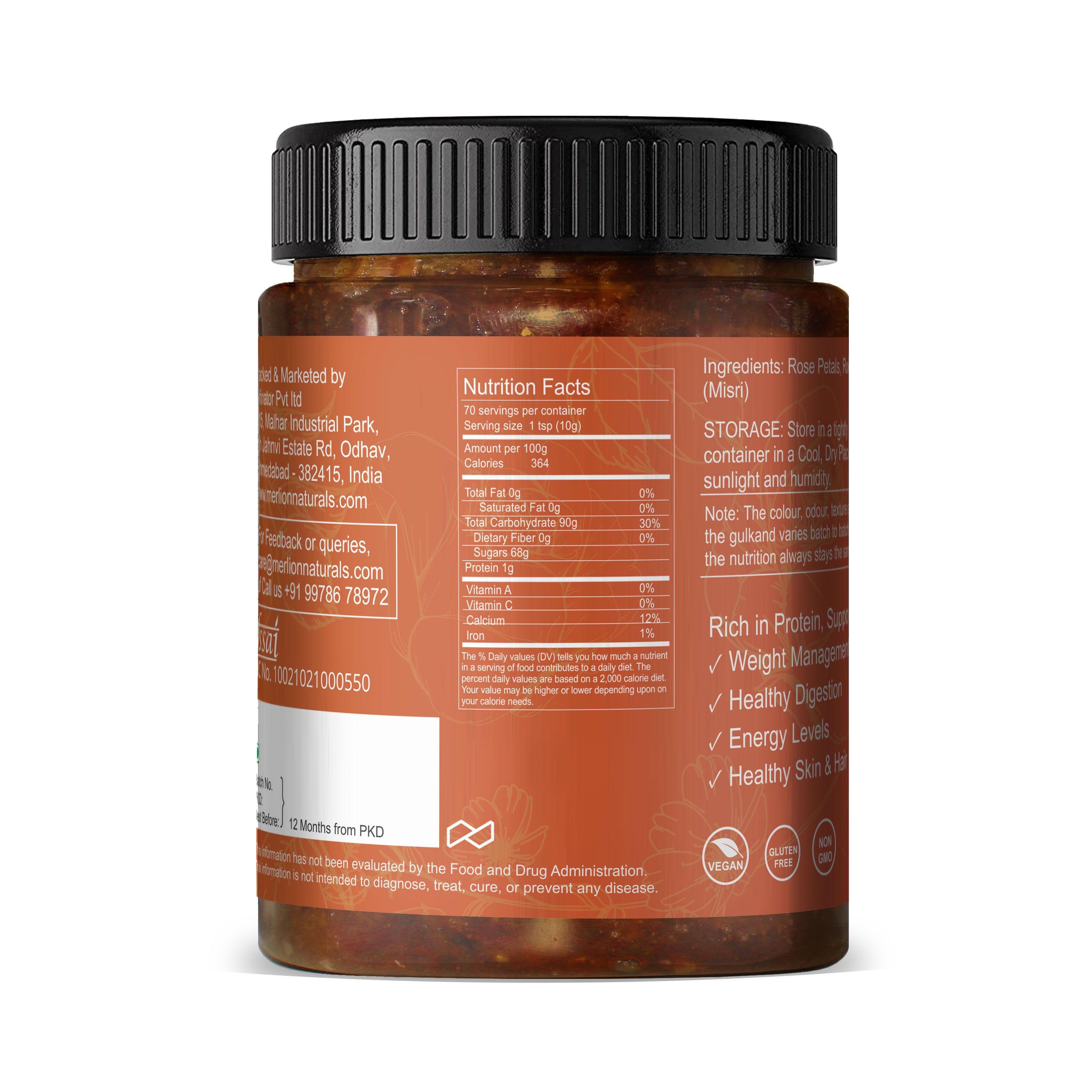 Merlion Naturals Rose Petals Jam - Gulkand 700gm, Back view, Cooling, Skin Glow, Body Balance, Stress Relief