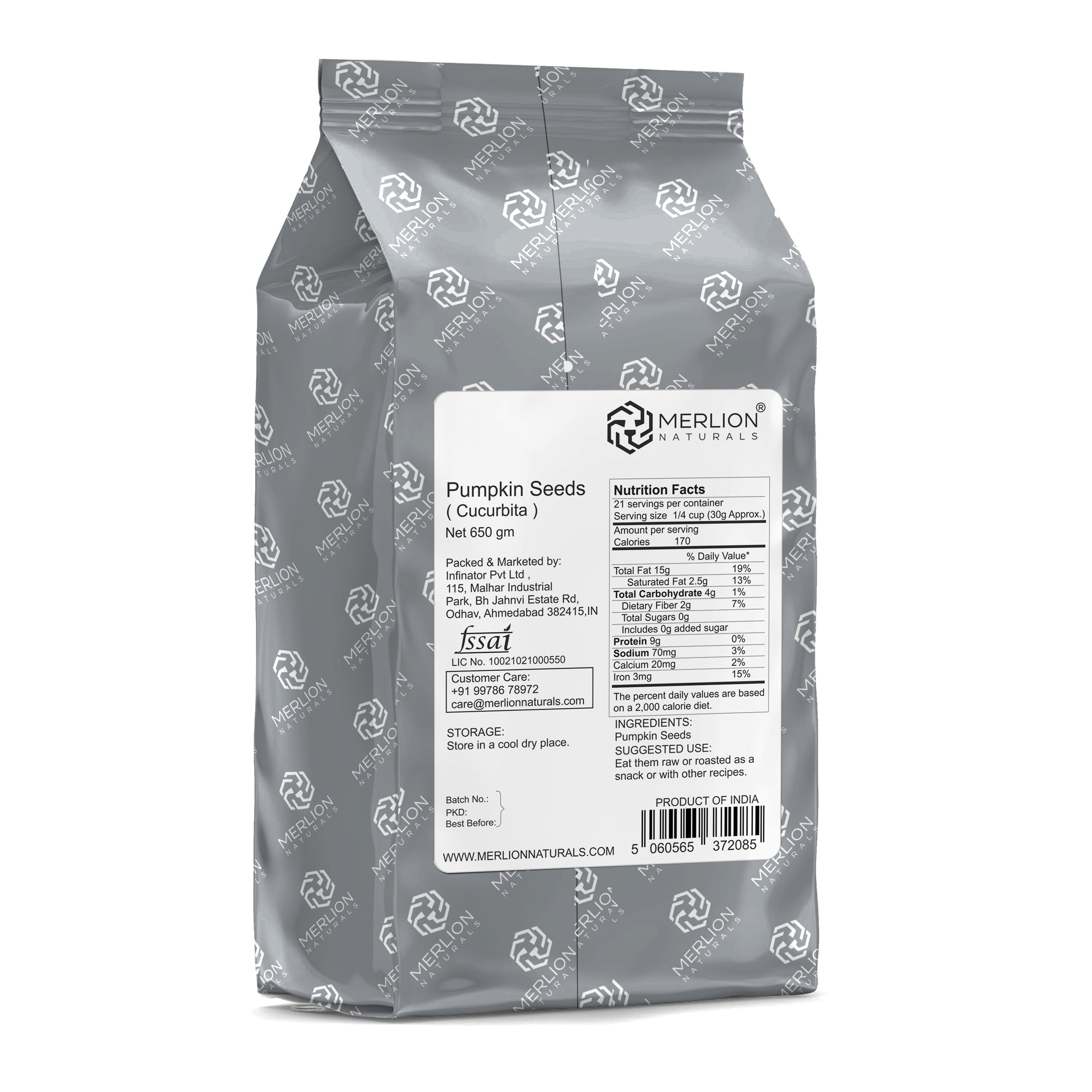 Merlion Naturals Pumpkin Seeds 650gm, Back view, Nutrient Rich, Heart Health, Sleep Support, Prostate Health, Antioxidant