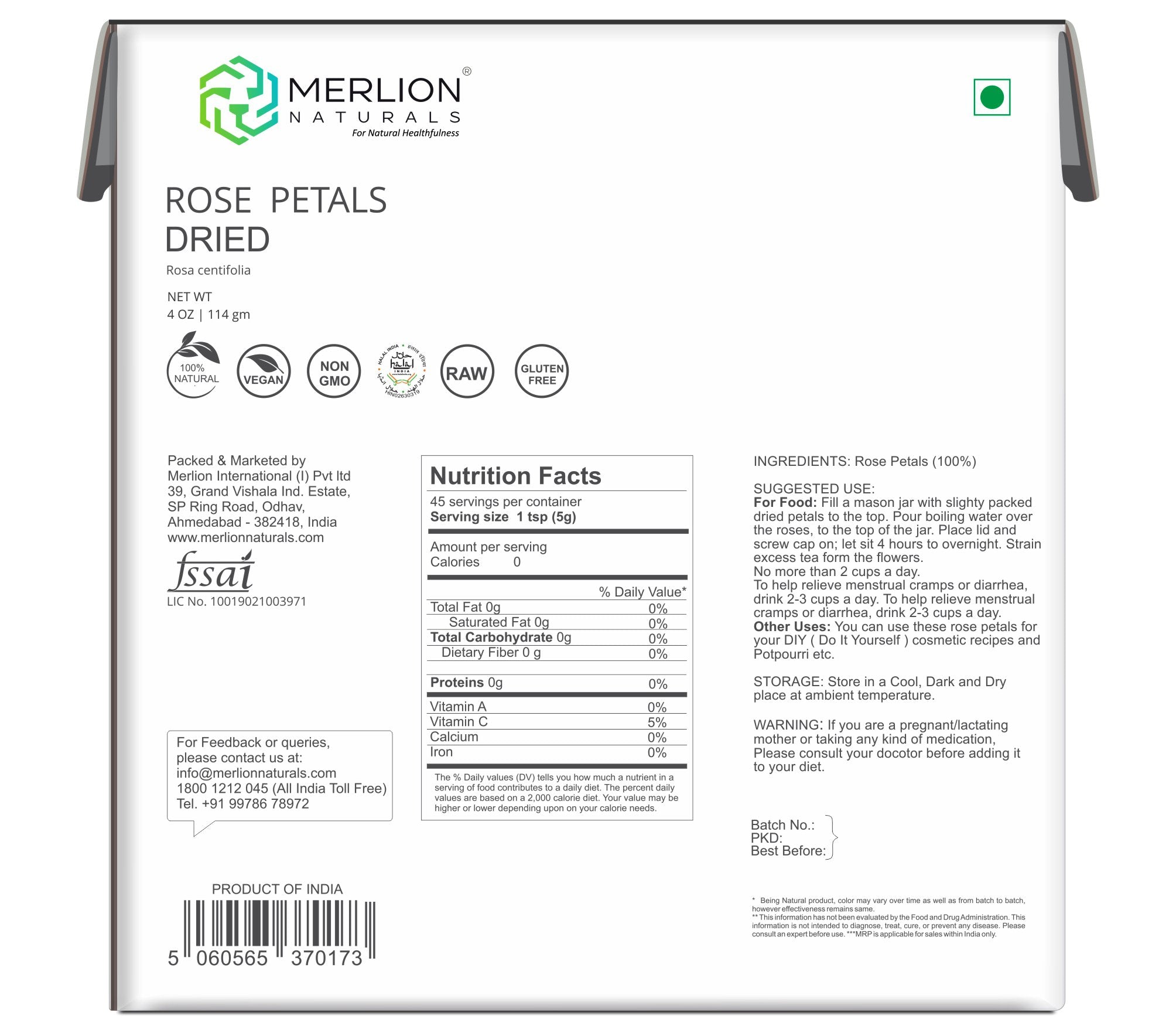 Merlion Naturals Rose Petals Dried 114gm, Back view, Soothing, Antioxidant, Hydration, Acne Control, Aromatherapy