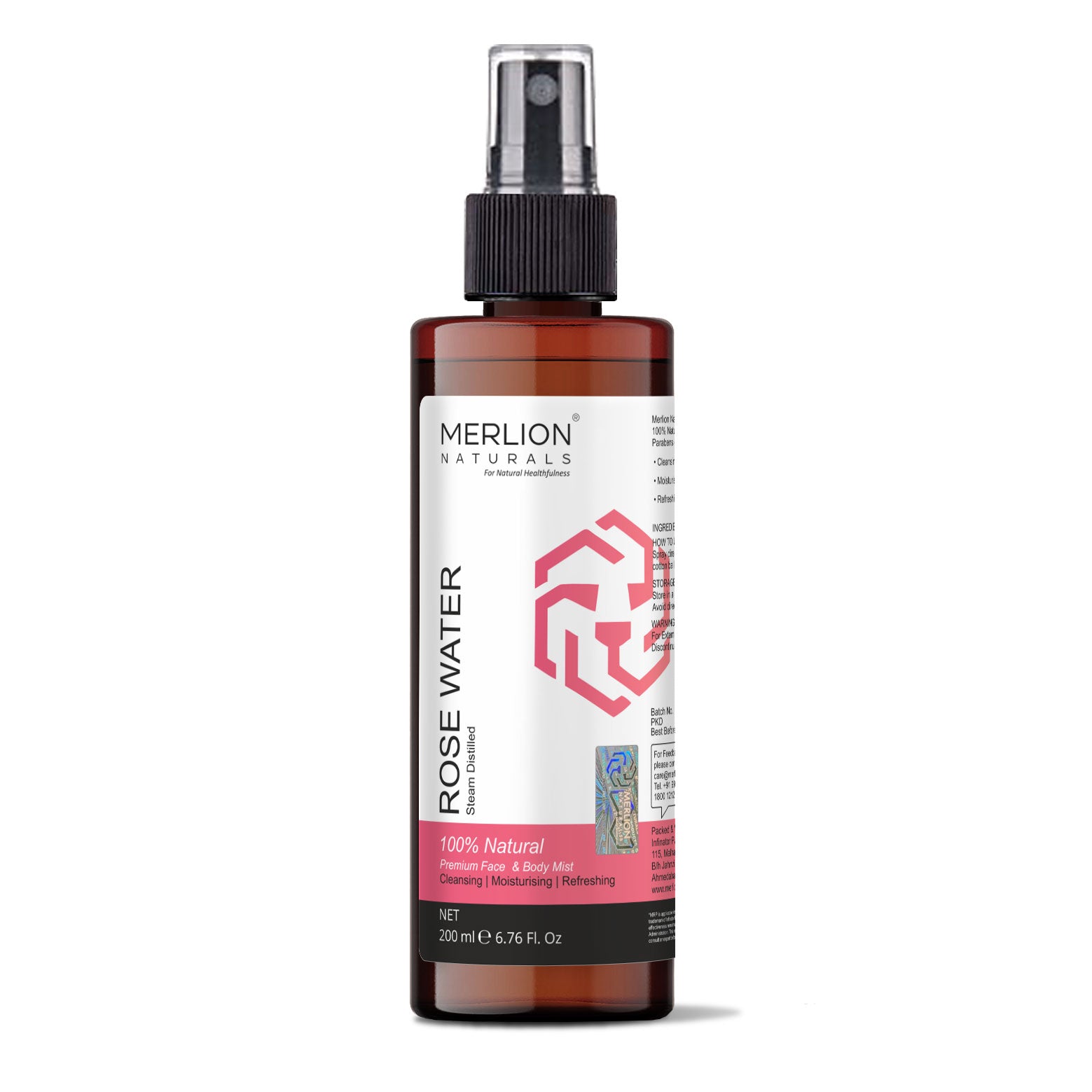Merlion Naturals Rose Water 200ml, Front view, Hydration, pH Balance, Soothing, Antioxidant, Scalp Health, Cosmetic