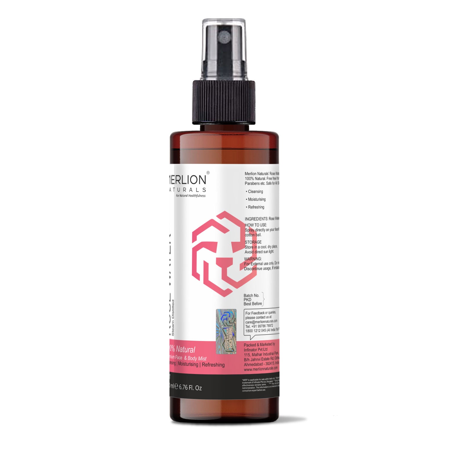 Merlion Naturals Rose Water 200ml, Side view, Hydration, pH Balance, Soothing, Antioxidant, Scalp Health, Cosmetic