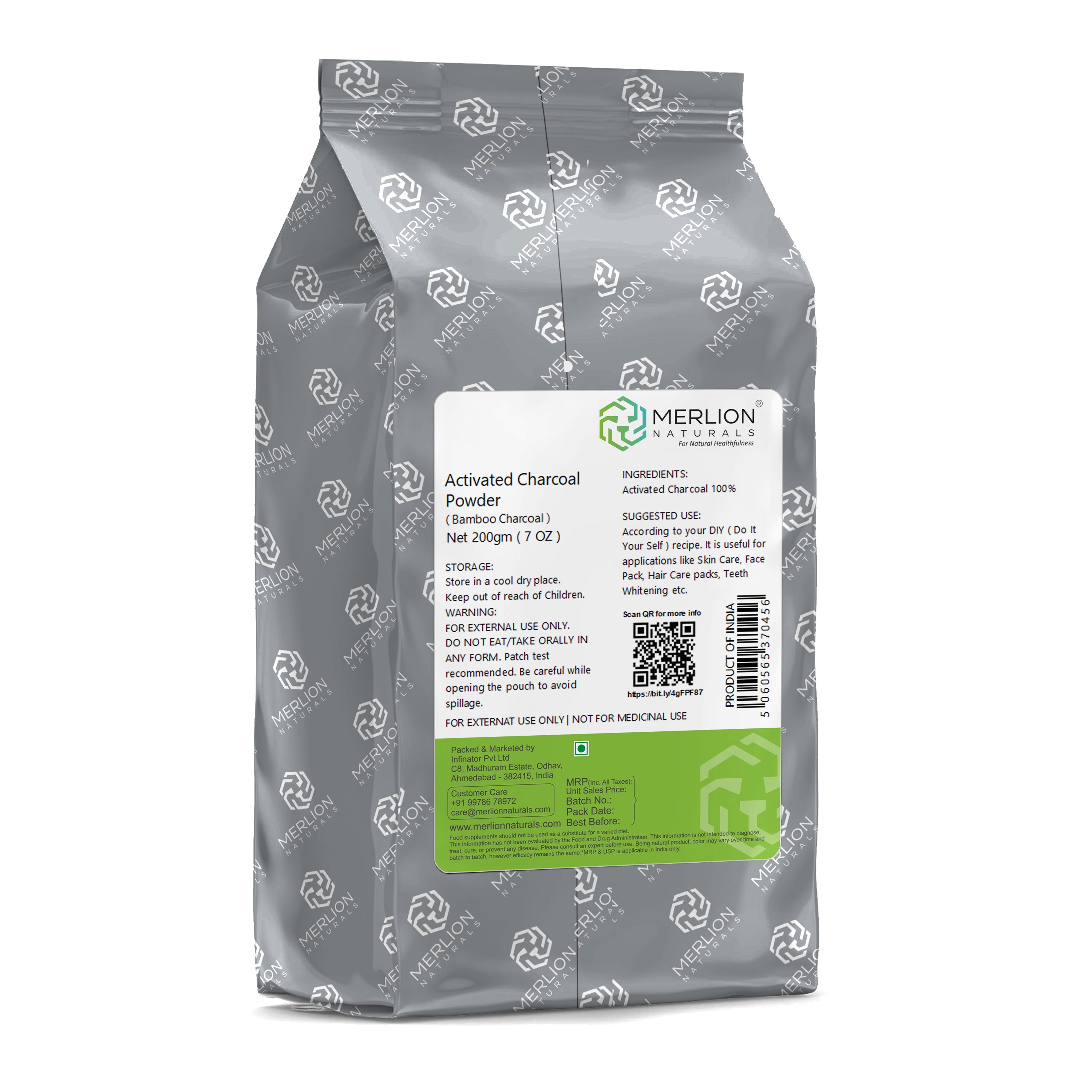 Activated Charcoal Powder by Merlion Naturals | Bamboo Charcoal | 200gm | 100% Pure and Natural