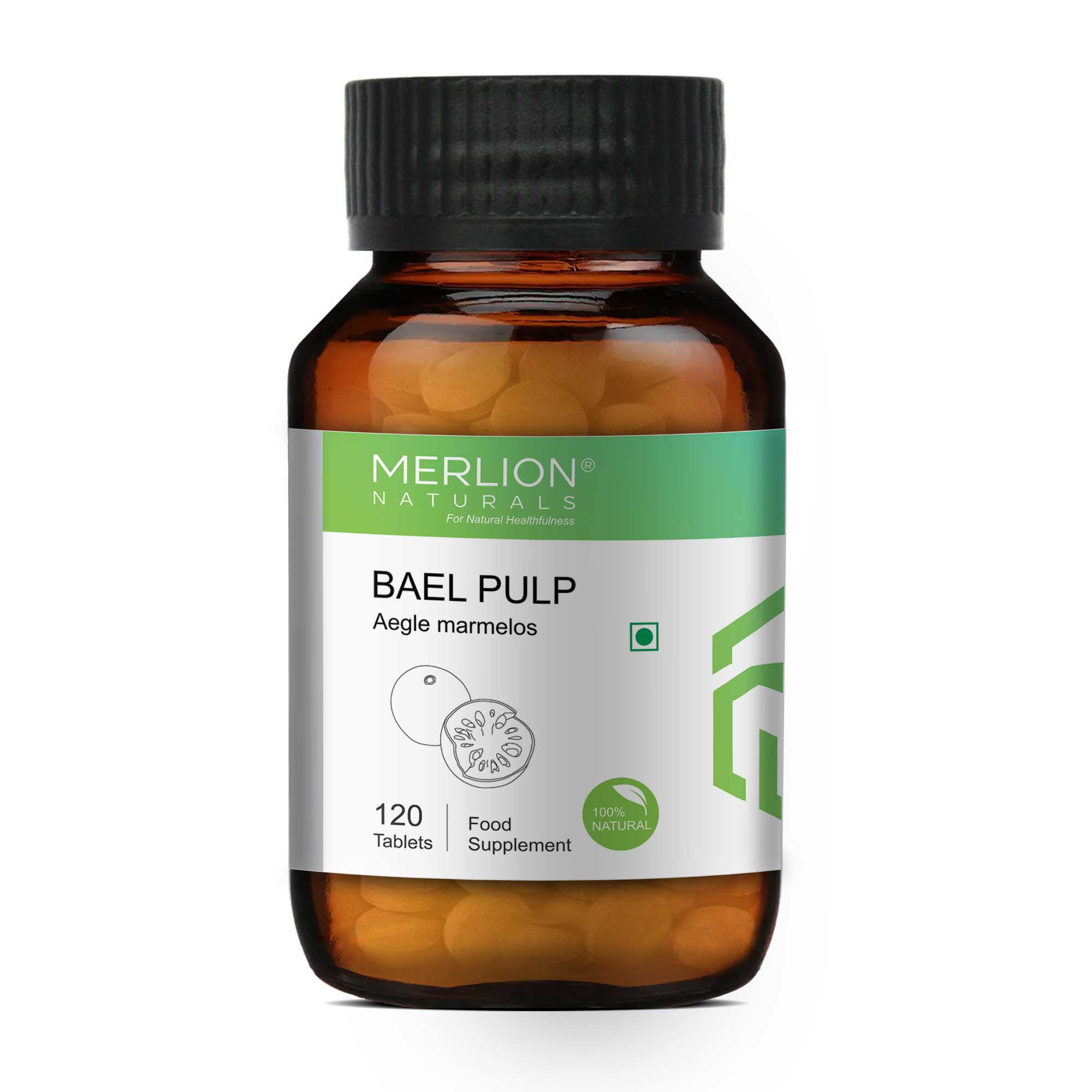 Merlion Naturals Bael Pulp Tablets 500mg (120 Tablets), Front View view, Digestion, Gut Health, Constipation Relief
