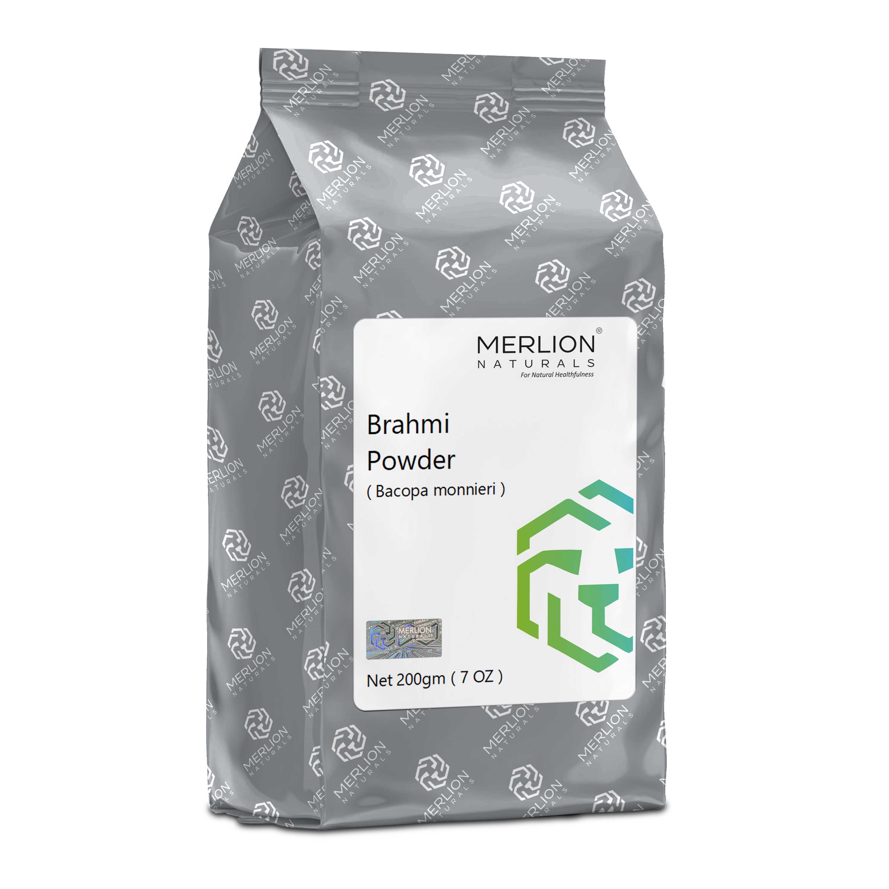 Merlion Naturals Brahmi Powder 200gm, Front view, Memory Boost, Cognitive Support, Stress Relief, Mood Support, Antioxidant
