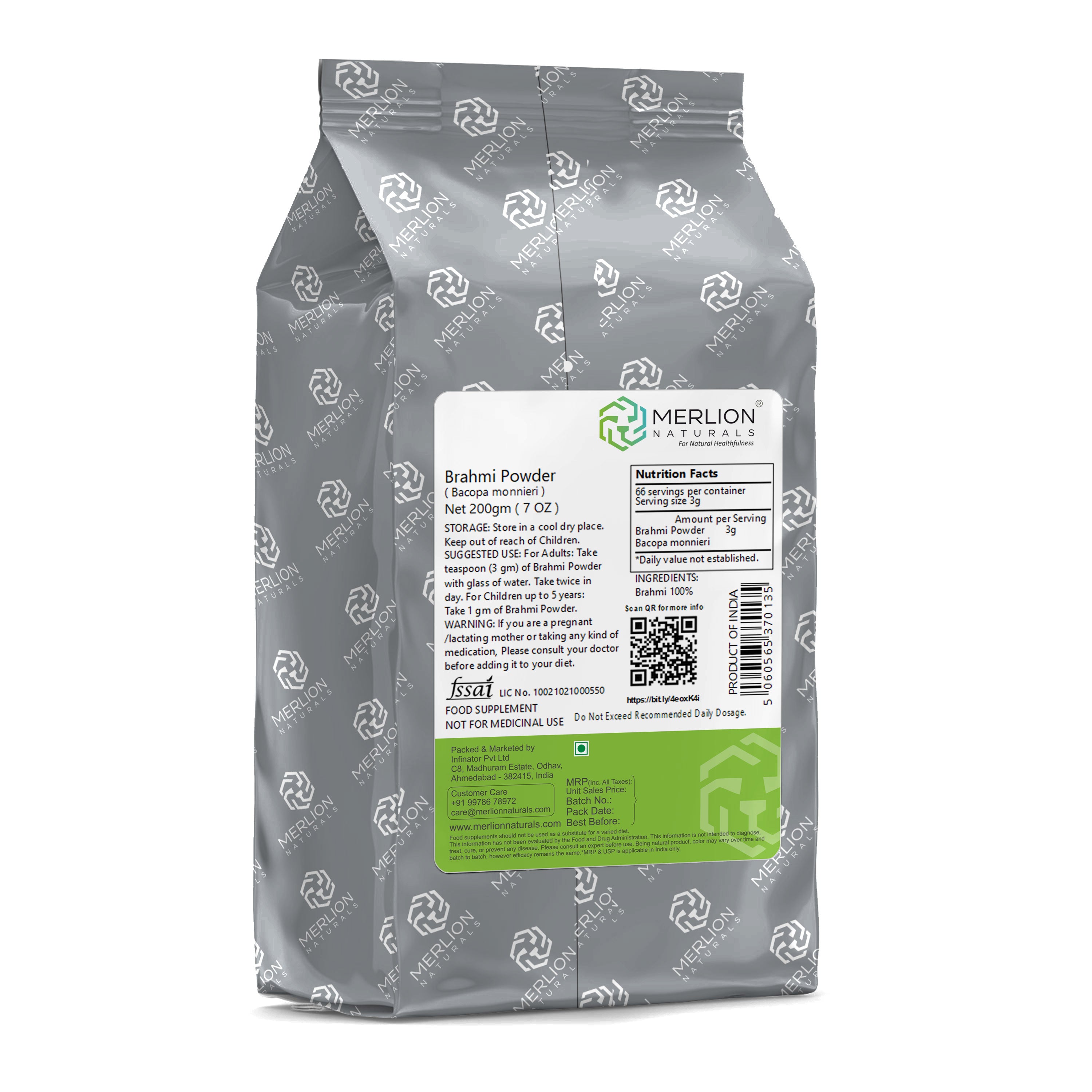 Merlion Naturals Brahmi Powder 200gm, Back view, Memory Boost, Cognitive Support, Stress Relief, Mood Support, Antioxidant
