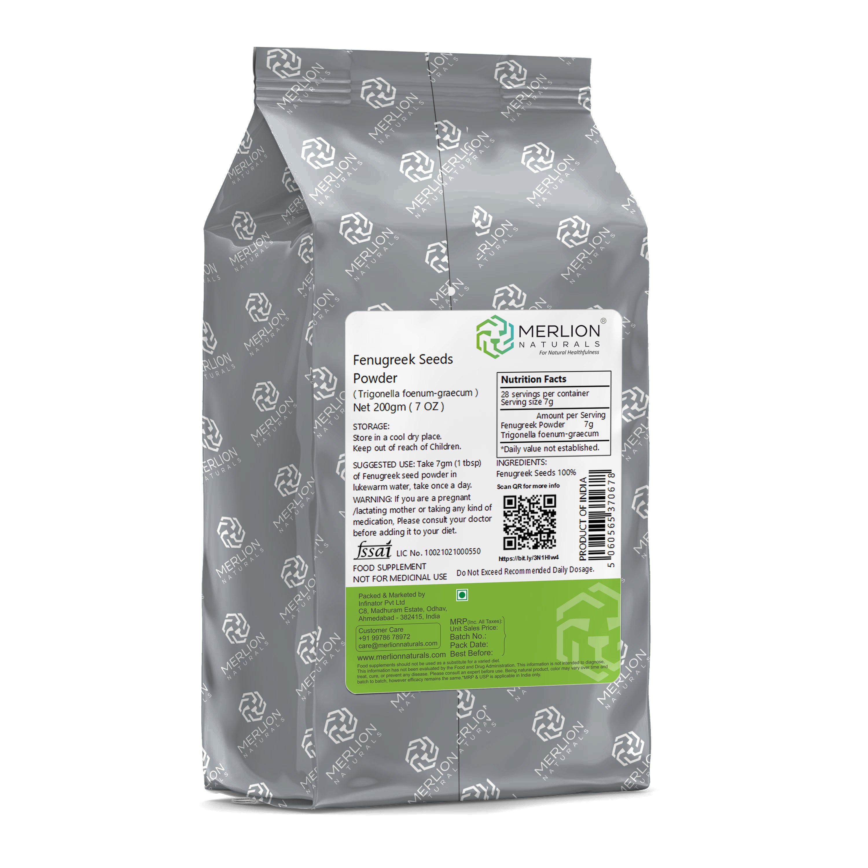 Merlion Naturals Fenugreek Seeds Powder 200gm, Back view, Hair Growth, Digestion, Blood Sugar Control, Lactation Support
