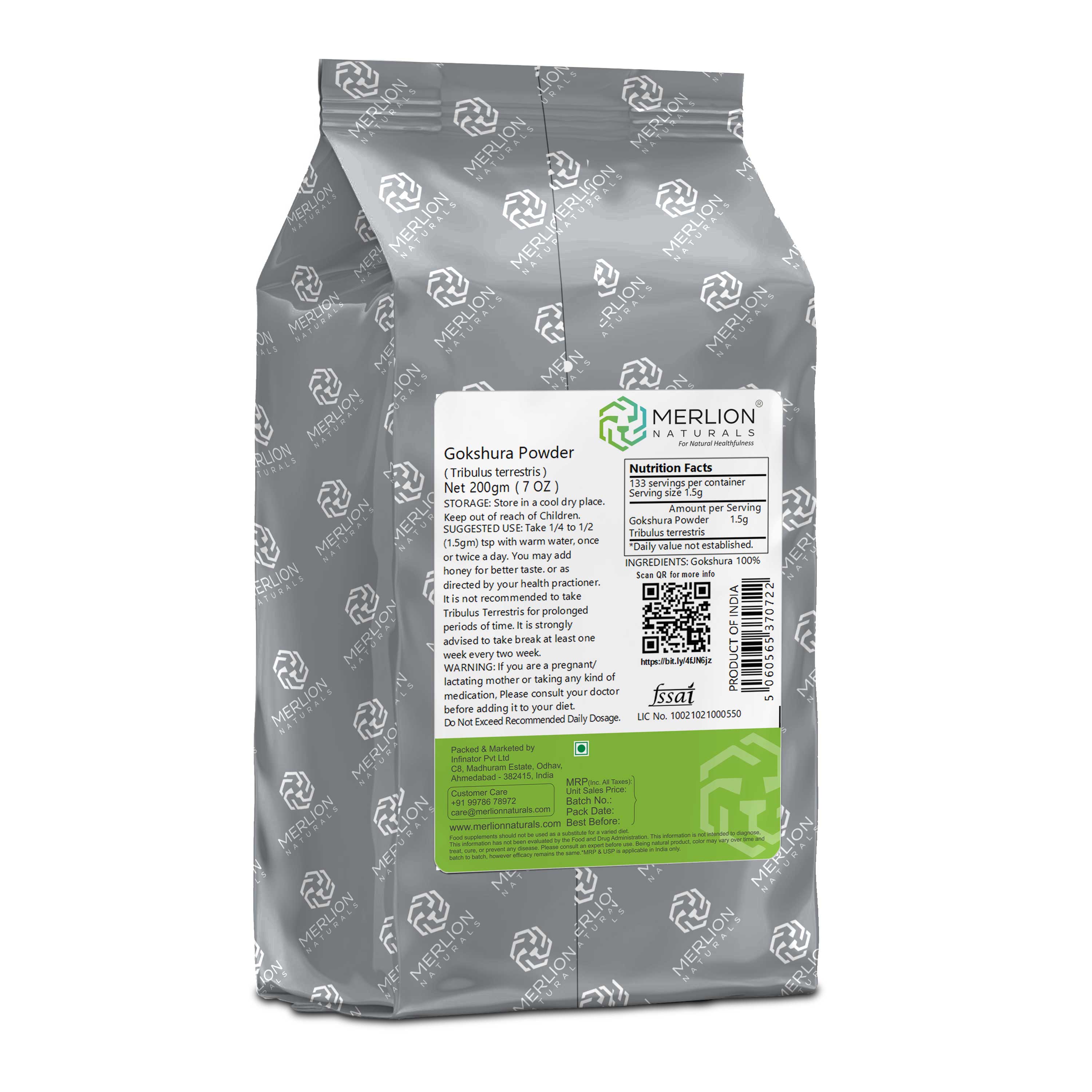 Merlion Naturals Gokshura Powder 200gm, Back view, Kidney Health, Hormone Balance, Libido, Muscle Strength
