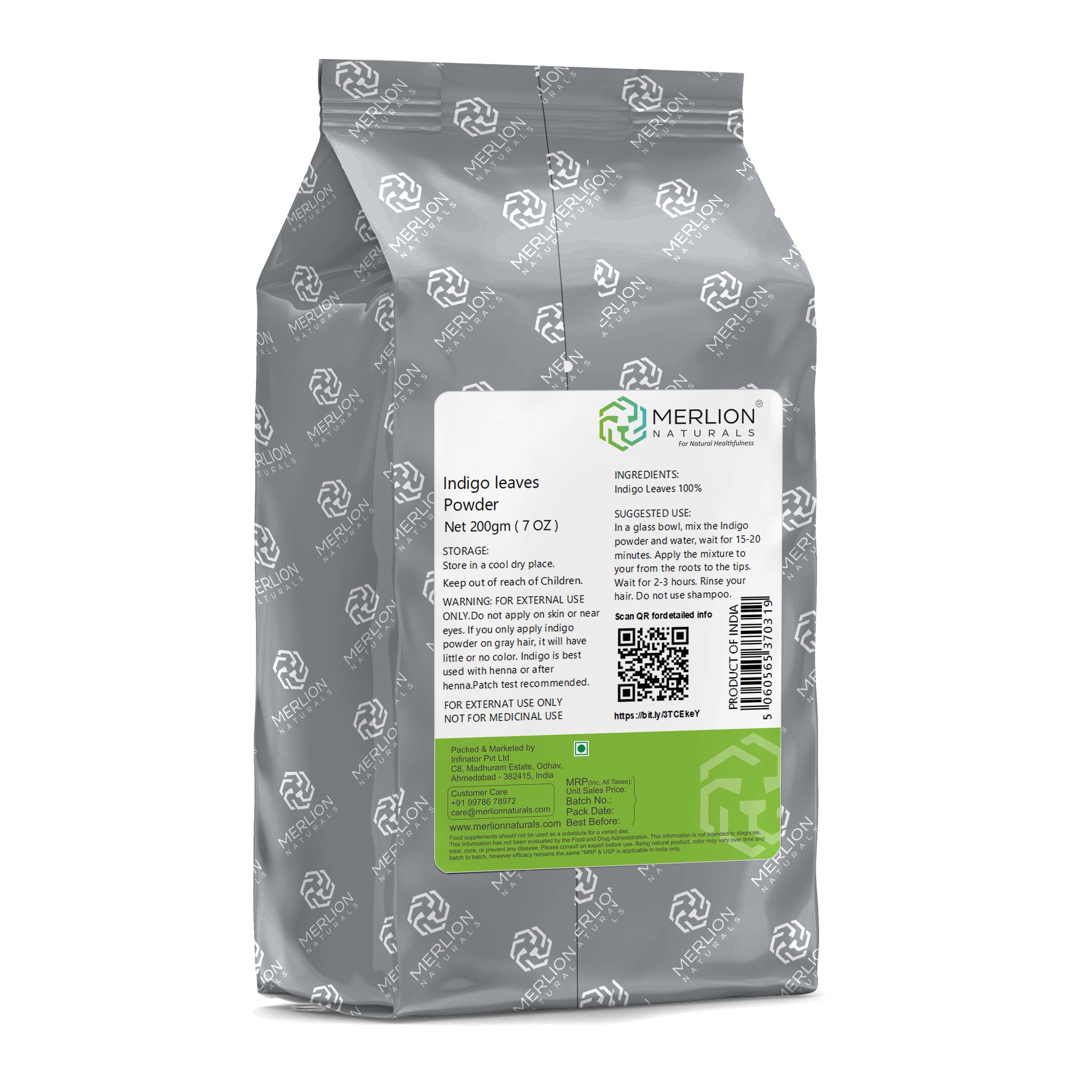 Merlion Naturals Indigo Leaves Powder 200gm, Back view, Natural Hair Dye, Hair Growth, Strengthening, Gray Hair Prevention
