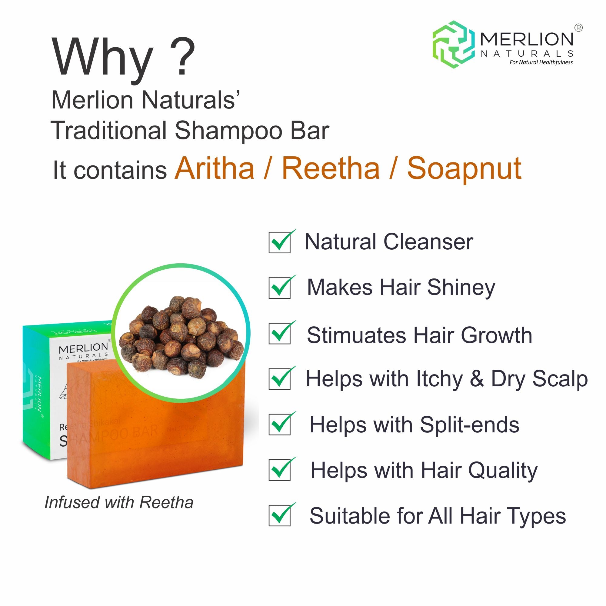 Reetha Shikakai Shampoo Bar by Merlion Naturals 100gm | Pack of 3 with goodness of Traditional Herbs, For All Hair Types, No Parabens