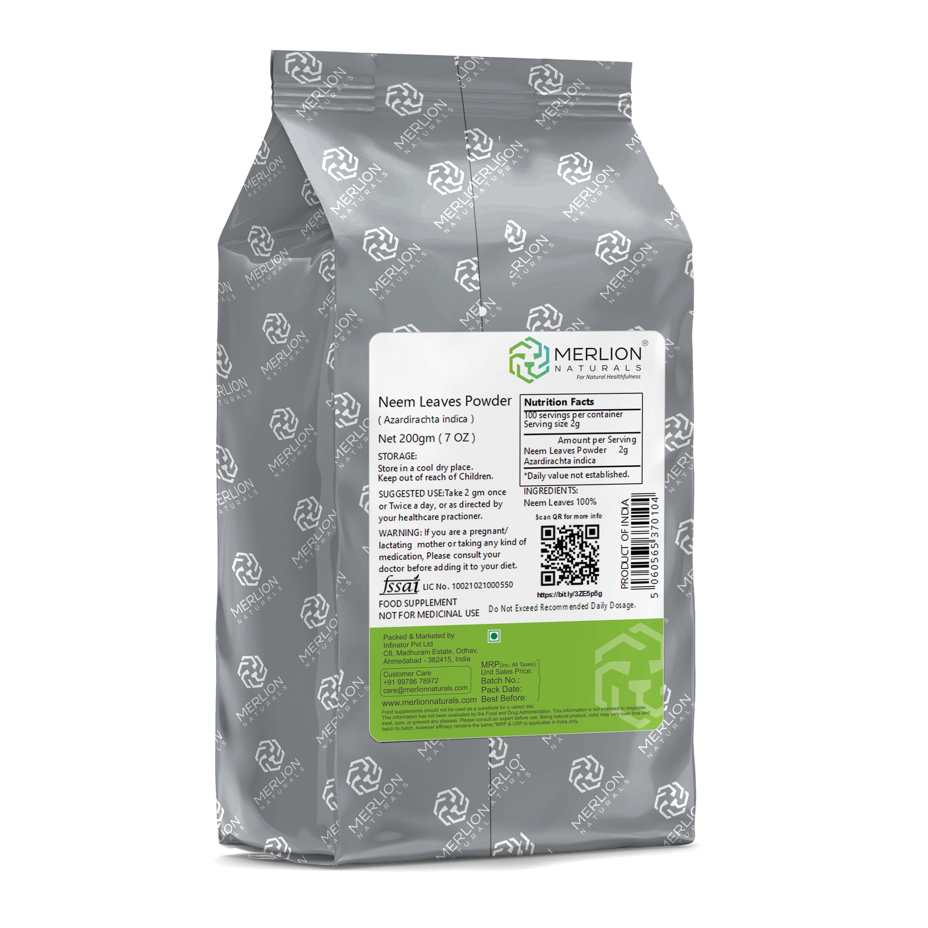 Merlion Naturals Neem Leaves Powder 200gm, Back view, Detox, Antibacterial, Scalp Health, Immunity, Antioxidant, Food Supplement
