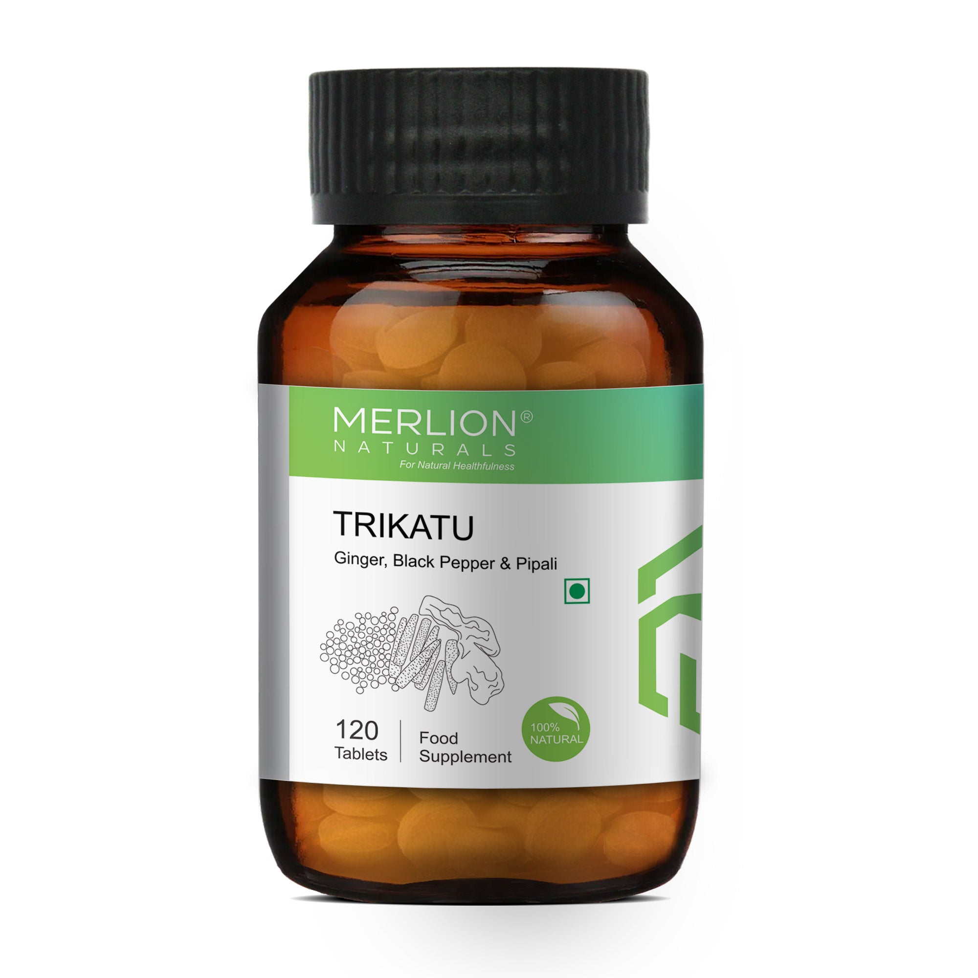 Merlion Naturals Trikatu Tablets 500mg (120 Tablets), Front View view, Digestion, Metabolism, Respiratory Health
