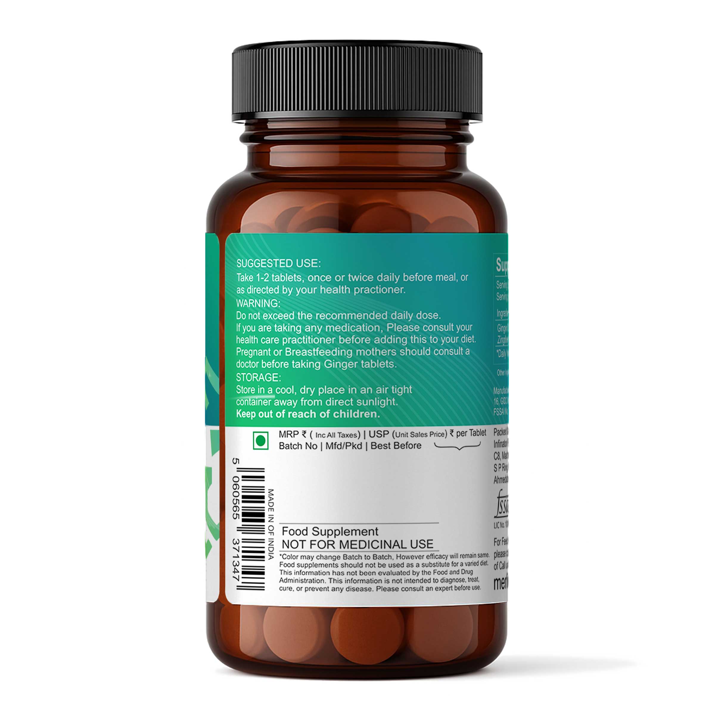 Ginger  Tablets (Zingiber officinale), 500mg x 120 Tablets