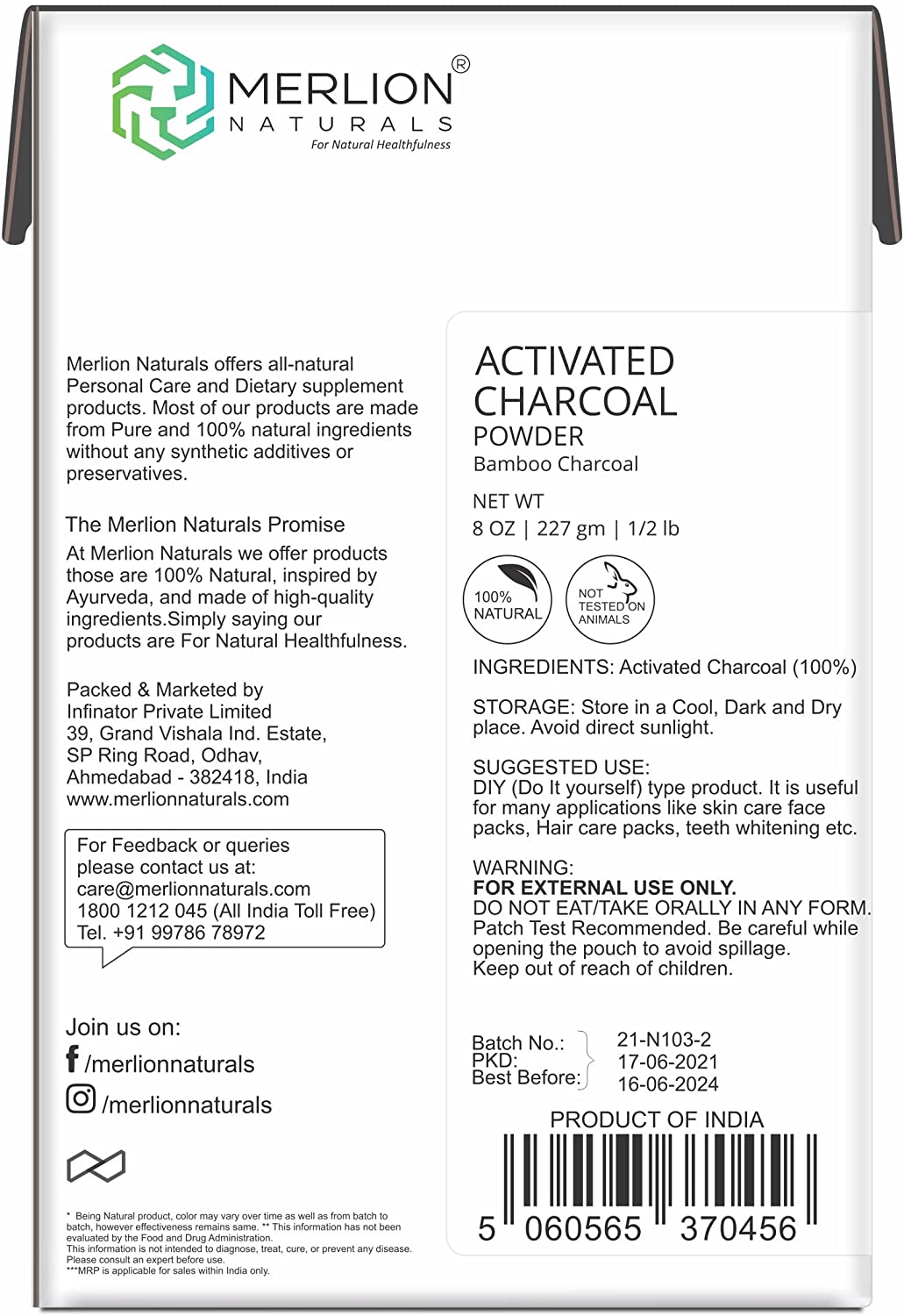 Activated Charcoal Powder by Merlion Naturals | Bamboo Charcoal | 227gm/ 8OZ | 100% Pure and Natural